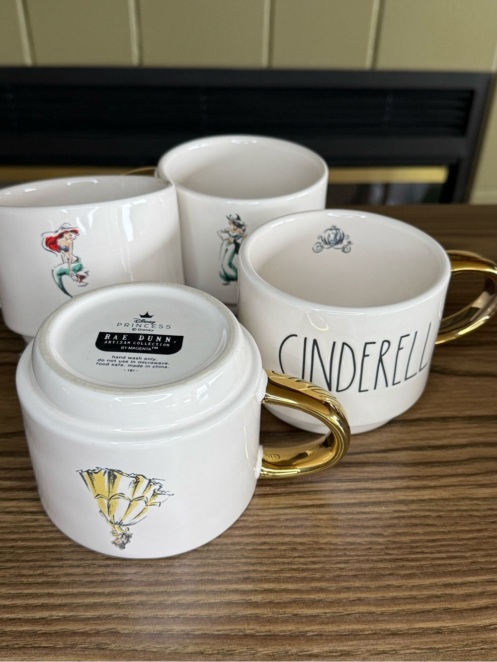 Disney/Rae Dunn Princess Mugs Gold Handles Set of Four